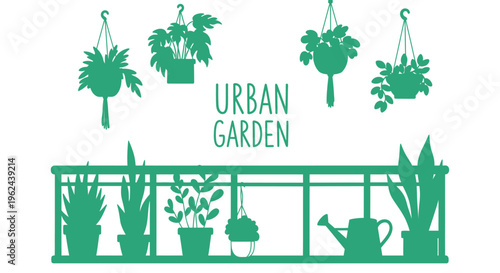 Urban garden illustration with hanging plants and potted plants on a balcony railing, featuring a watering can