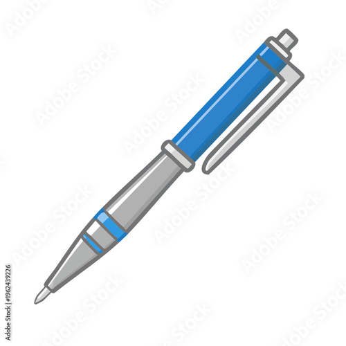 Blue and silver ballpoint pen writing on a surface illustration