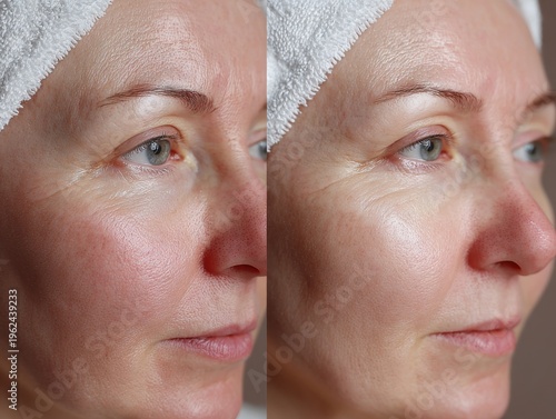 Close-up of a middle-aged woman with a towel on her head, showcasing skin texture and facial features before and after skincare treatment in a neutral background