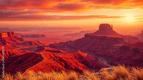 Panoramic view of vast desert landscape featuring towering red rocks and rolling canyons bathed in the warm light