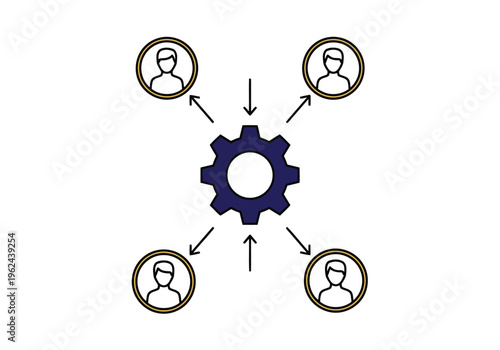 A prominent blue gear acts as the central hub for four outlined figures, illustrating a system of coordinated interaction and data exchange.