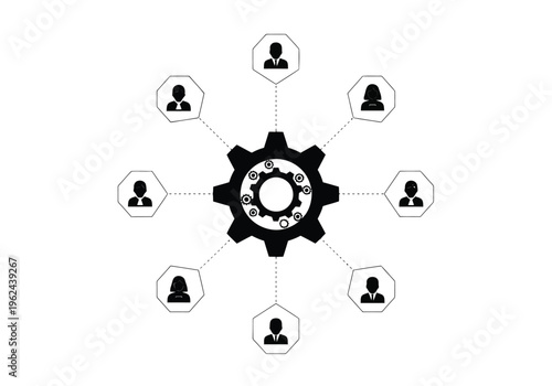A complex black gear serves as a central engine connecting eight octagonal figures representing diverse stakeholders in a networked structure.
