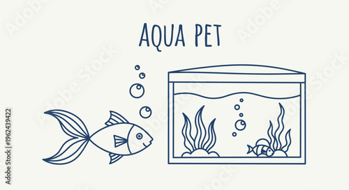 A Hand-Drawn Illustration of a Goldfish Swimming Near an Aquarium Filled with Aquatic Plants and Bubbles, Featuring the Text 'Aqua Pet'