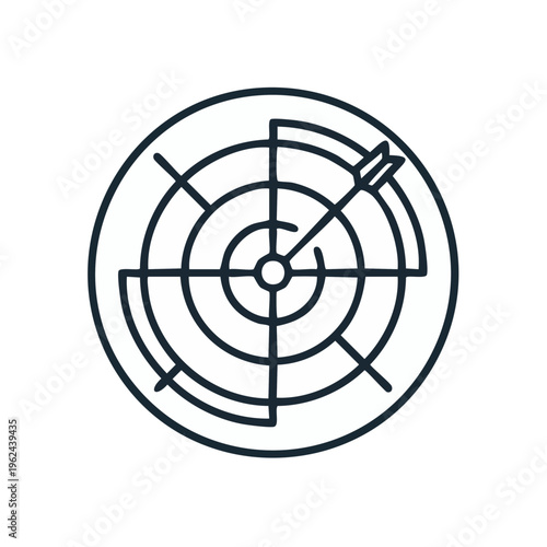 Simple outline target with an arrow hitting the bullseye signifying success and achievement
