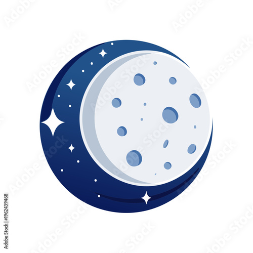 Stylized Crescent Moon With Stars and Craters Illustration