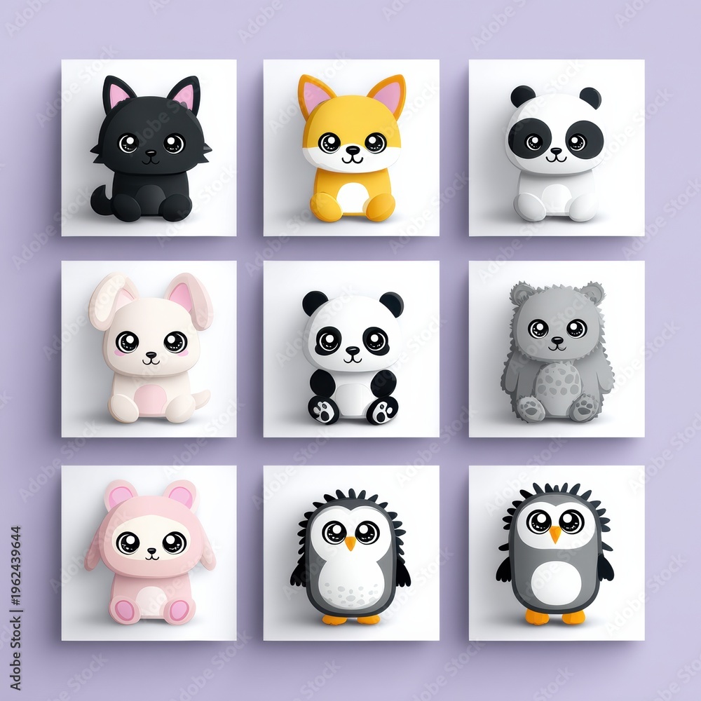 Fototapeta premium Kawaii Animal Sticker Set Featuring Nine Cute Animals in a 3x3 Grid Design With Sparkling Eyes and Soft Colors