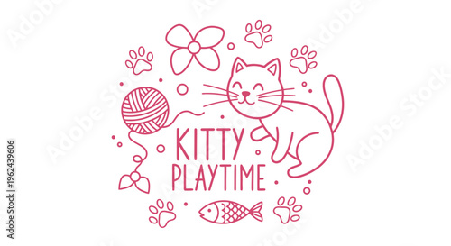 Cute line art illustration of a happy kitten playing with a yarn ball and fish toy, surrounded by paw prints, perfect for children's designs or pet-related branding