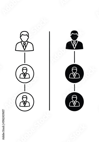 Two side-by-side icons illustrate a straightforward three-level hierarchical organizational structure in outline and solid forms.