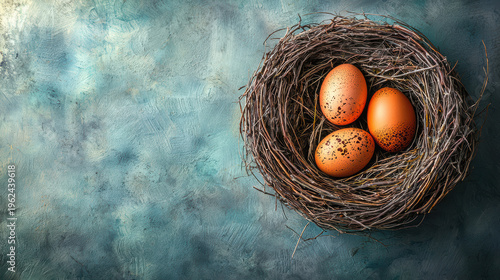 Three speckled brown eggs led comfortably within a rustic bird's are displayed against a textured, subtly mottled blue and green backdrop, artistically arranged.