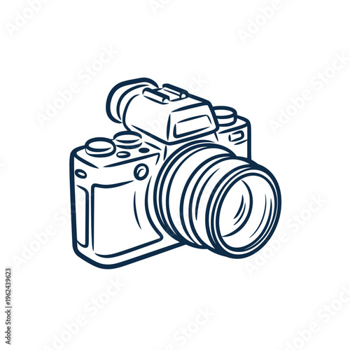 A detailed line drawing depicts a classic single lens reflex camera showcasing its intricate design