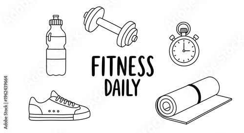 Essential daily fitness and workout gear outlined in a clean line art illustration, showcasing a dumbbell, water bottle, stopwatch, sneaker, and yoga mat for a healthy and active lifestyle