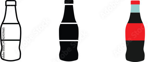 Three stylized beverage bottles in outline solid and colored versions