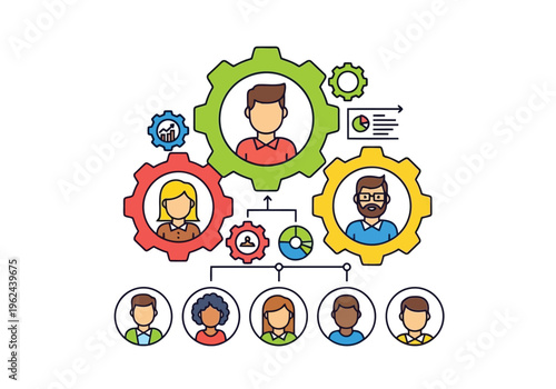 Three large interconnected gears with diverse team members at the top drive a collaborative project involving more individuals.