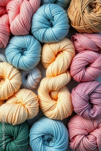 Collection of colorful yarn skeins in shades of pink, yellow and blue