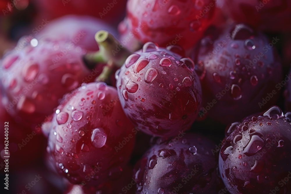 Obraz premium Close up of juicy red grapes glistening with water droplets, creating a visually appealing texture