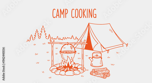 Camp cooking scene with a tent, campfire, pot, kettle, and firewood, illustrating outdoor meal preparation