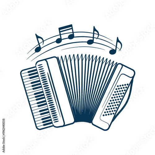 An illustration of a blue accordion with musical notes floating above representing folk music high quality