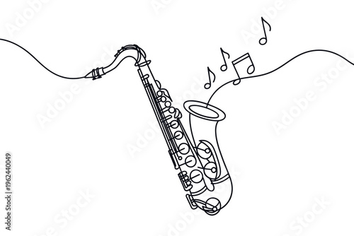 A minimalist line drawing depicts a saxophone with flowing musical notes evoking jazz and artistic expression