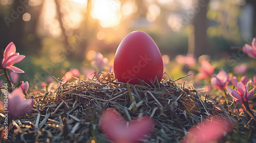 A vibrant red Easter egg rests peacefully in a cozy of hay led amongst blooming magnolia trees bathed in the warm glow of a sptime sunset.