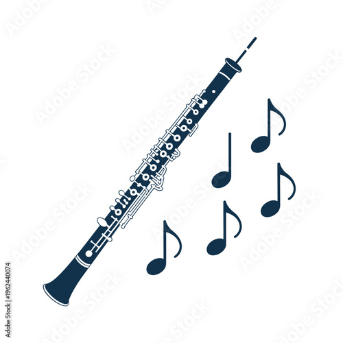 A stylized illustration depicts a dark blue oboe with accompanying musical notes symbolizing melody and performance