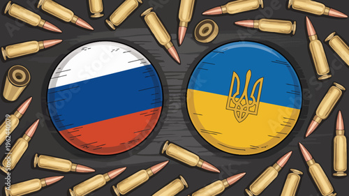Ukraine vs. Russia: Depicting conflict between Russia and Ukraine, with national symbols amidst ammunition, offering a stark representation of geopolitical tensions.