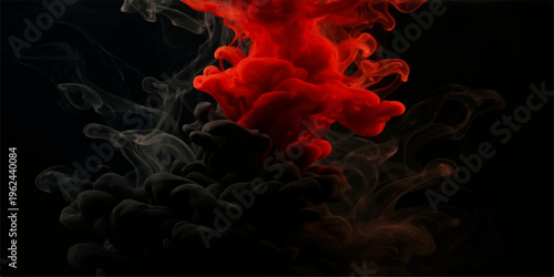 Vivid red and orange smoke swirls against a dark black background like a fiery inferno of glowing heat and burning energy from a hot night bonfire