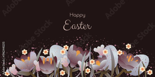 Happy Easter floral banner with spring flowers and eggs in folk art style