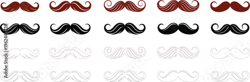 Collection of various mustache designs in different styles and colors on white background