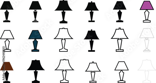 Collection of various table lamps in different colors and styles  isolated on white