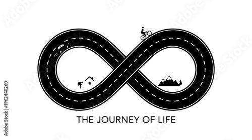 This vector graphic illustration features a stylized infinite road forming an infinity symbol, representing the journey of life