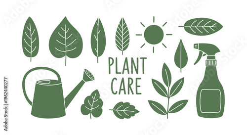 Plant Care Essentials Watering Can, Spray Bottle, Leaves, and Sun Iconography for Gardening Enthusiasts