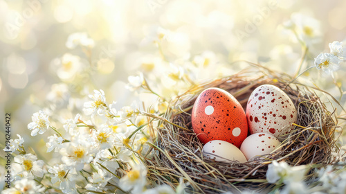 Decorated Easter eggs led in a woven bird's surrounded by delicate white flowers in a soft, dreamy sptime setting with warm, glowing light on petals.