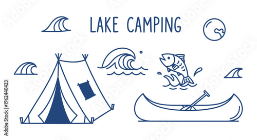 Vector illustration of a lake camping scene with a tent, canoe, fishing, and waves, perfect for outdoor adventure themes