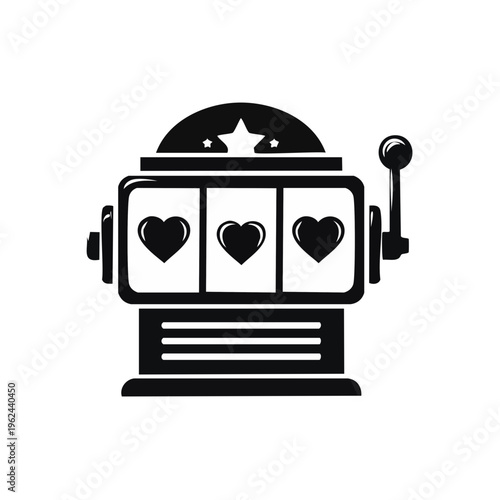 Black and white illustration of a slot machine with three heart symbols lined up