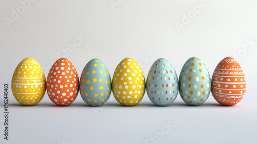 A row of vibrantly colored Easter eggs with delicate dot and line patterns are arranged against a clean white backdrop creating a festive holiday composition.