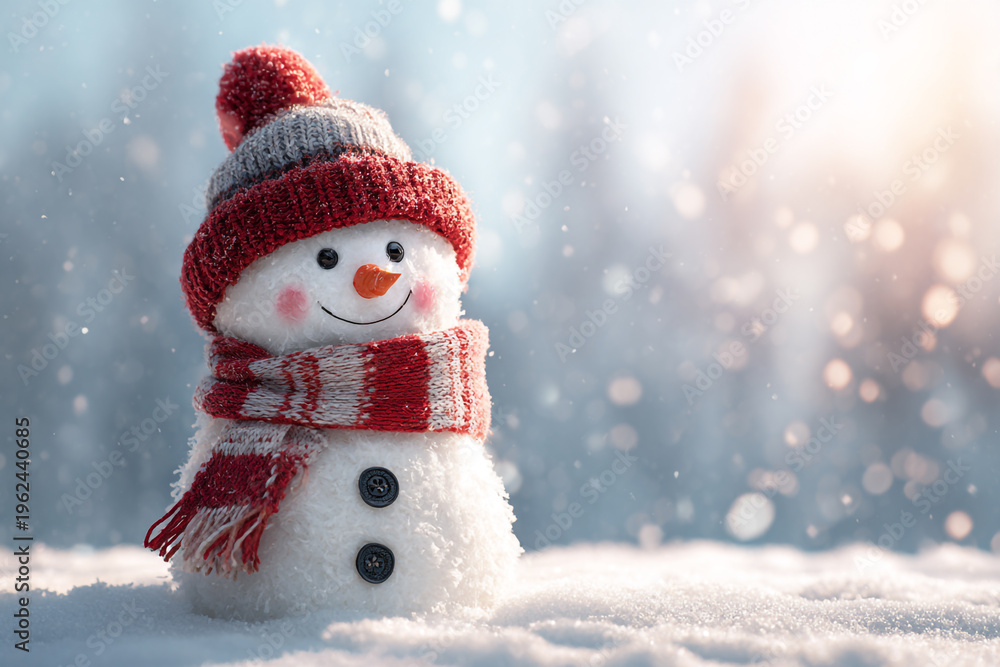 Fototapeta premium A cheerful snowman wearing a cozy knitted hat and scarf stands in the soft snow with snowflakes falling around him
