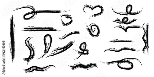 A collection of abstract black  grungy brush  ink strokes and swirls on a white background
