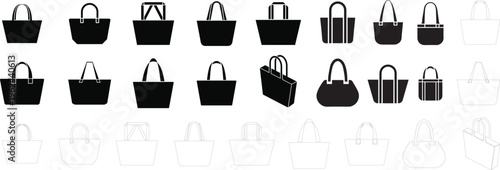 Collection of various handbag silhouettes and line art designs on white background