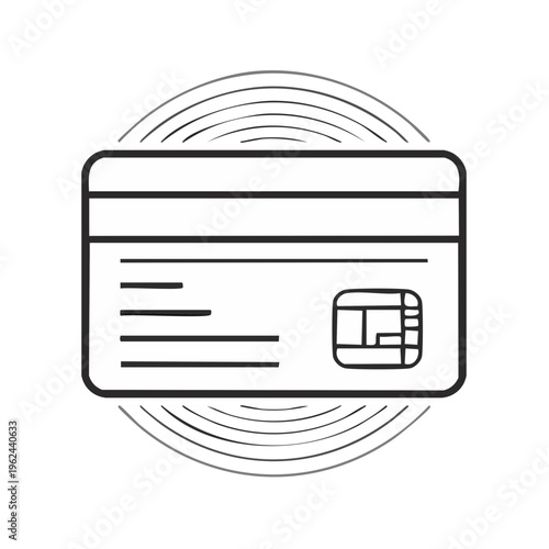 Stylized line art icon of a credit card with a chip and radiating signal waves