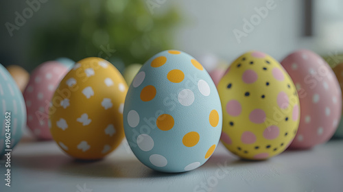Decorative Easter eggs with cheerful pastel colors and polka dot patterns are arranged creatively for a festive sp holiday celebration on a bright table.