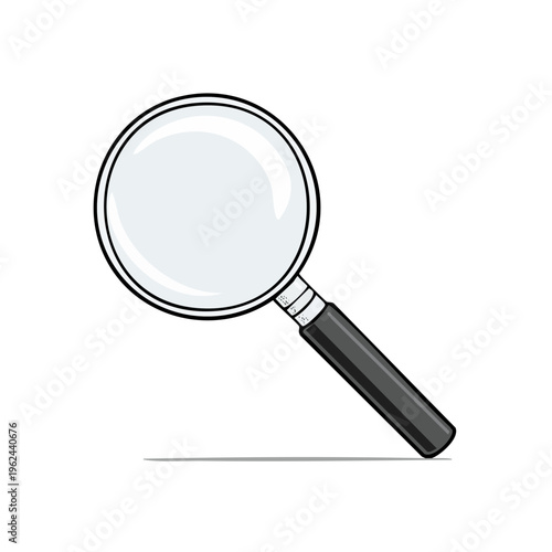 A hand held magnifying glass with a black handle and a large clear lens on a white background