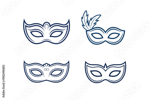 Four blue line art masks are displayed featuring ornate designs and varying shapes for masquerade events
