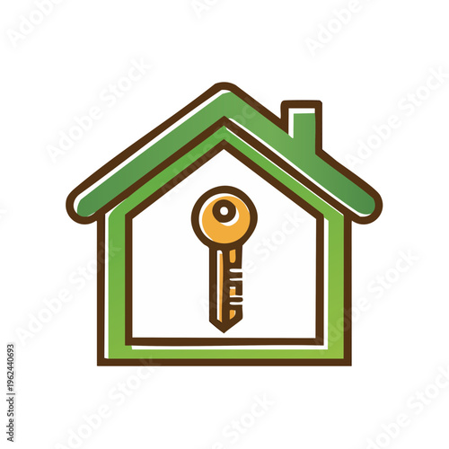 Simple stylized house icon with a gold key inside representing home ownership or real estate