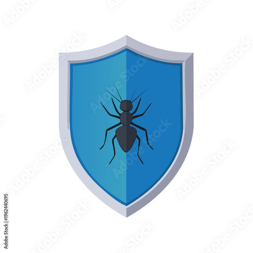 Ant insect icon on a blue shield symbolizing protection and pest control services