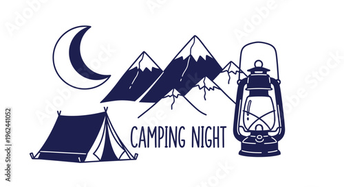 Illustration of a camping scene at night with a tent, mountains, and a lantern, symbolizing outdoor adventures and serene evenings under the stars