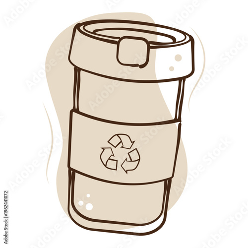 Reusable Coffee Cup Icon with Light Beige Shape - Hand Drawn Dark Brown Vector Line Art