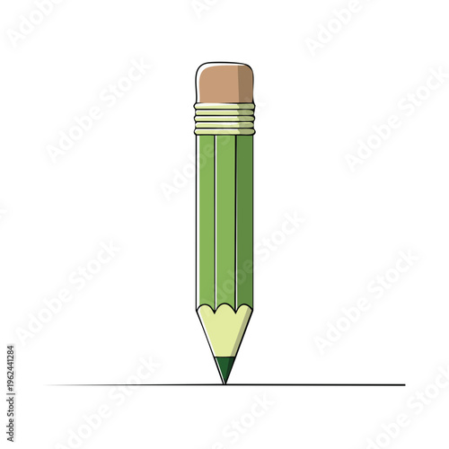 Single green pencil with eraser creating a horizontal line on white background