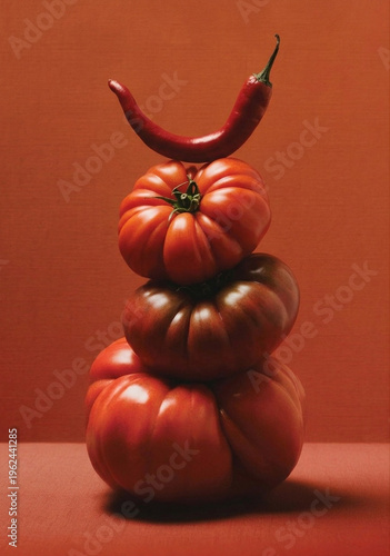 Stack of Heirloom tomatoes and red chili pepper on monochromatic red background