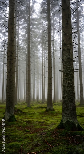 Misty forest with tall pine trees and lush green mossy ground creating a serene and tranquil natural landscape scene