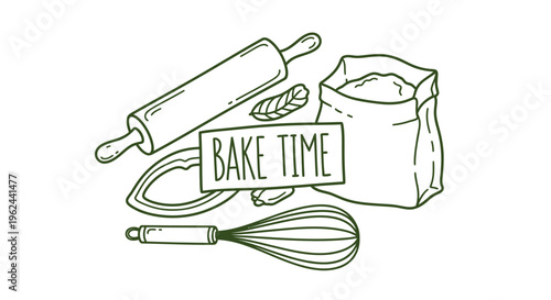 Line art illustration of classic baking essentials rolling pin, whisk, flour, and cookie cutter. Perfect for homemade recipe designs and culinary project concepts